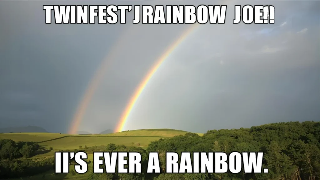 Smiling kids pointing at a bright rainbow in the sky